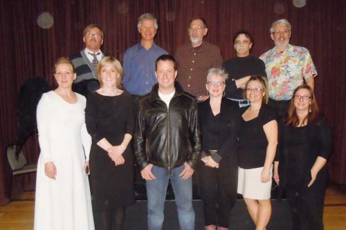 Cast and crew of the the NFLT's production of Norm Foster's My Narrator and The Death of Me. Back row, l-r, Craig Godfrey, Brian Robertson, Jeff Siamon, John Stephen, John Pariselli; front row, l-r, Ellie Steele, Kathy Bateman, Noel Bateman, Andrea Dickinson, Barb Matson and Karin Reynolds. (Not shown in the photo are assistant stage manager Sharon Siamon and house manager Sally Angle)